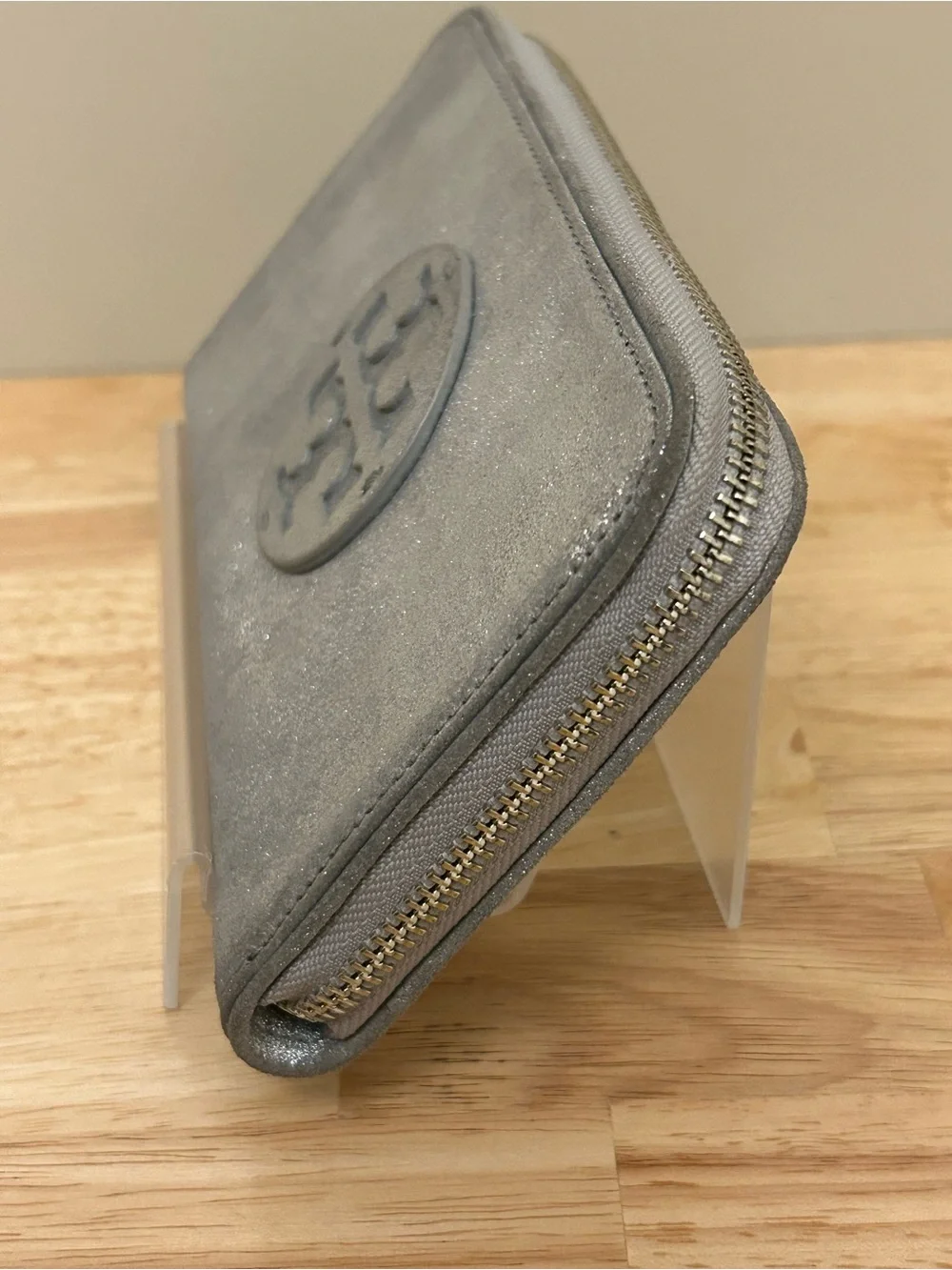 Tory Burch Silver Metallic Logo Zip Wallet
